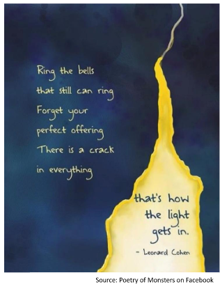 Ring the bells that still can ring. Forget your perfect offering. There is a crack in everything. That's how the light gets in. -Leonard Cohen