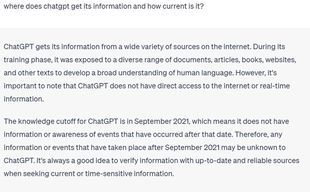 Chat GPT saying it's data access is prior to September 2021
