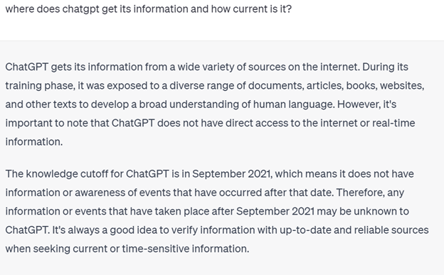 Chat GPT Response Chat GPT saying it's data access is prior to September 2021