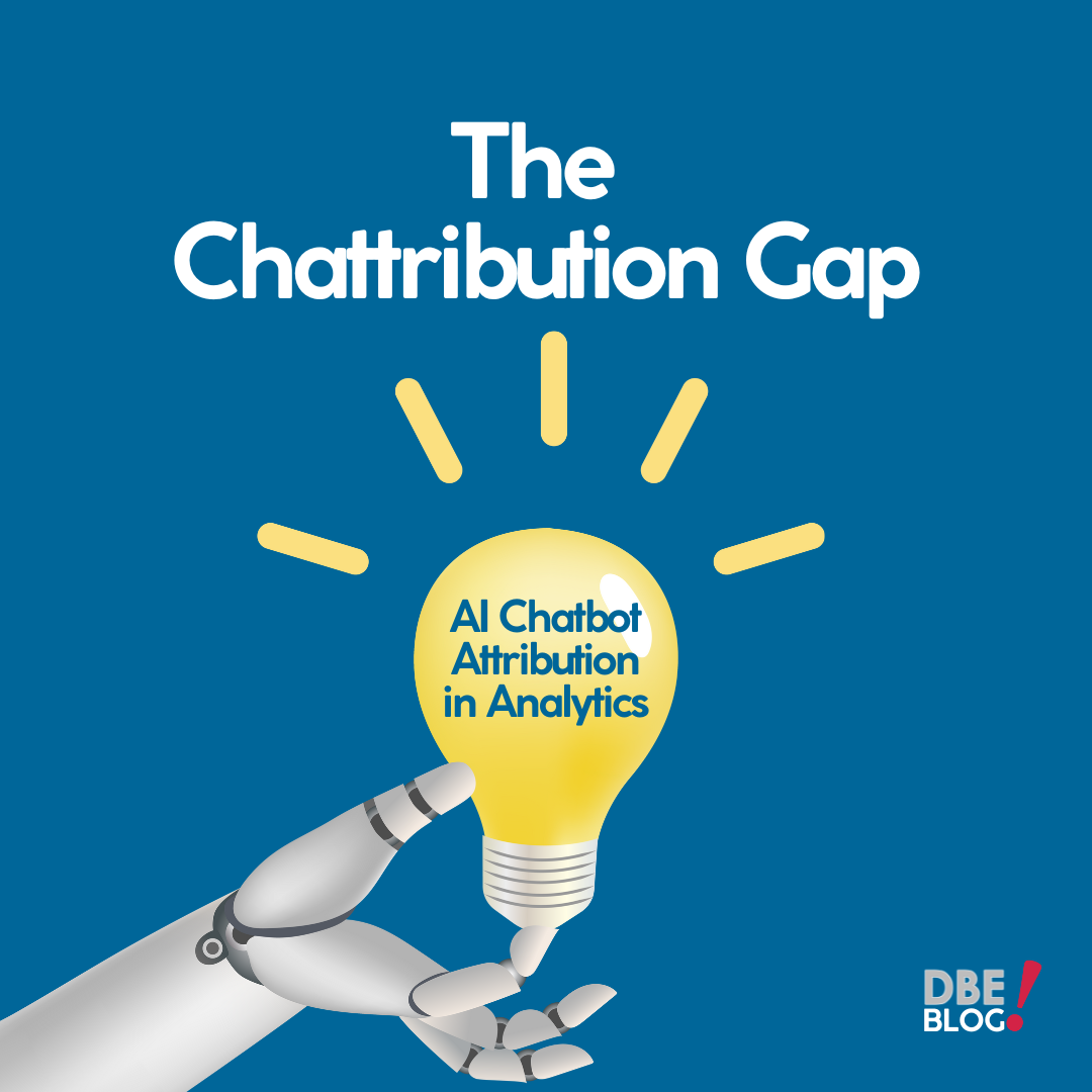 The Chattribution Gap in big lettering across the top. A robot arm holds a lighbulb. In the light bulb is the text "AI Chatbot Attribution in Analytics"