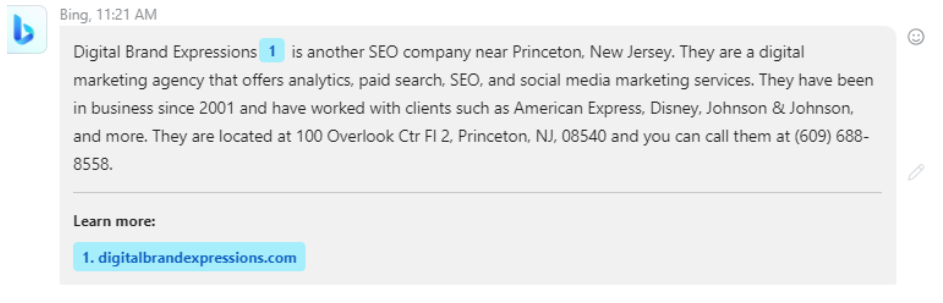 Bing Chatbot saying the DBE worked with America Express, Disney, Johnson & Johnson, and more.
