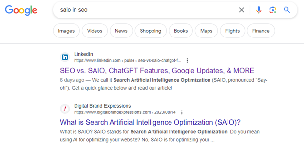 Google search for "saio in seo": The first 2 links are from DBE's LinkedIn post, the other is for DBE's blog post