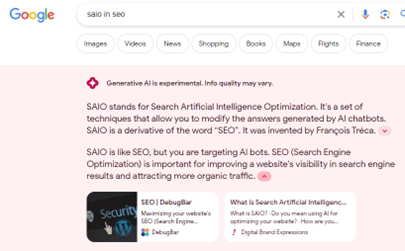 DBE showing up as a result for SAIO in SEO Google Generative AI Query