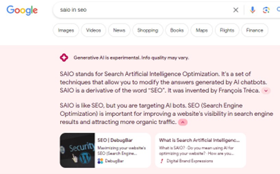 DBE in Google Generative AI DBE showing up as a result for SAIO in SEO Google Generative AI Query