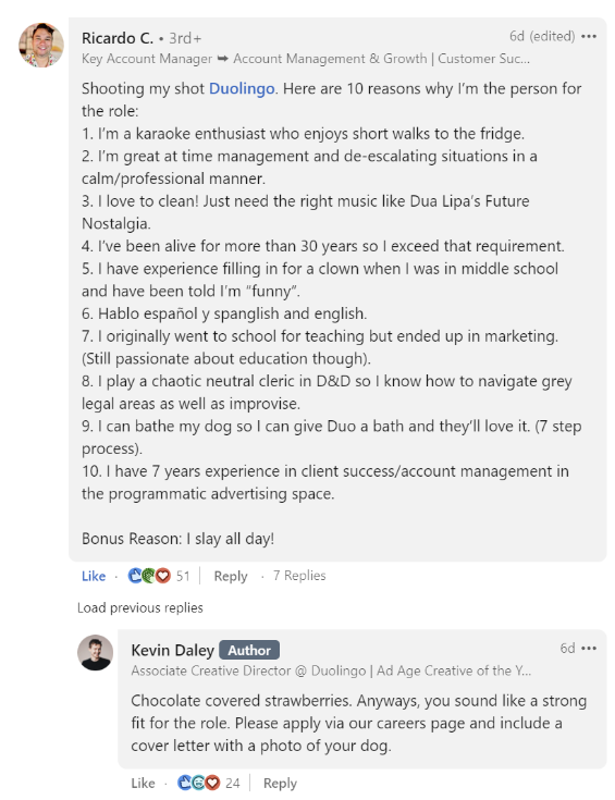 Man responding to Duolingo Owl Trainer Job post