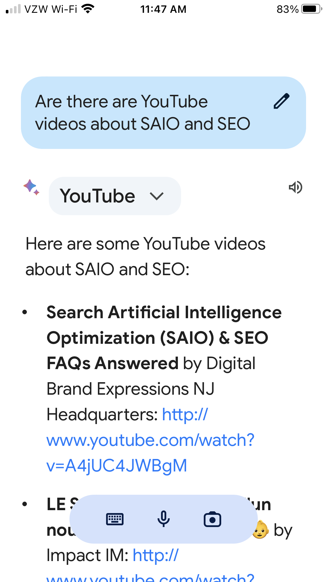 Bard showing YouTube SAIO video as a result