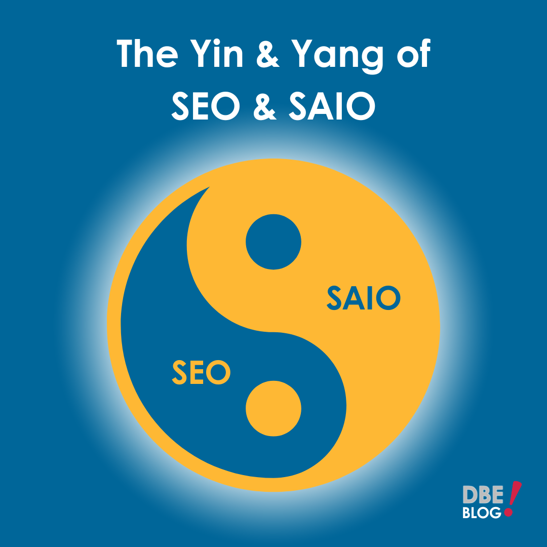 The Yin & Yang of SEO & SAIO" is in bold white type at the top of the image. A Yin/yang symbol with SEO taking one side and SAIO taking the other is underneath.