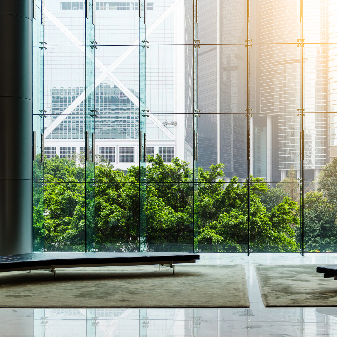 A large window providing natural lighting in an office setting