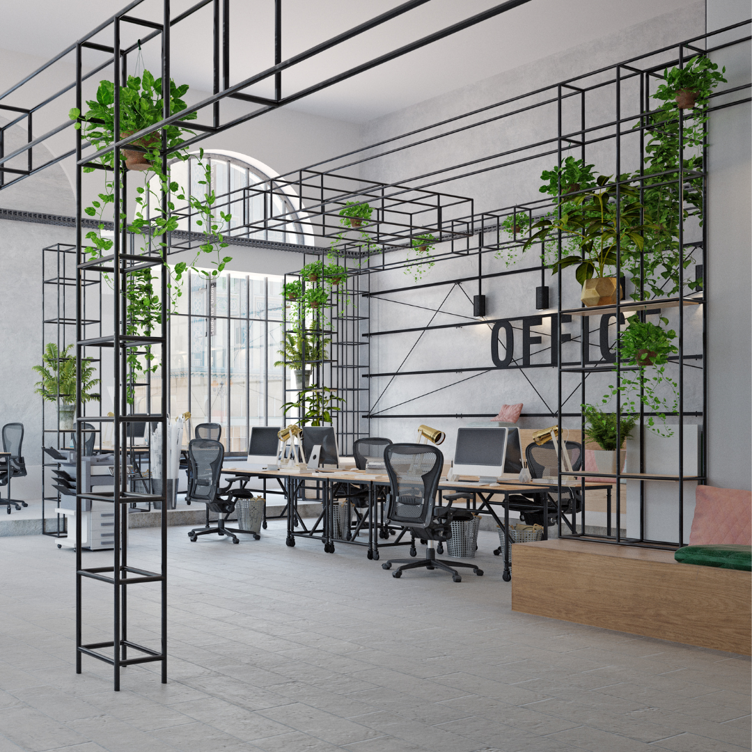 Indoor plants resting on shelves around a conference table 