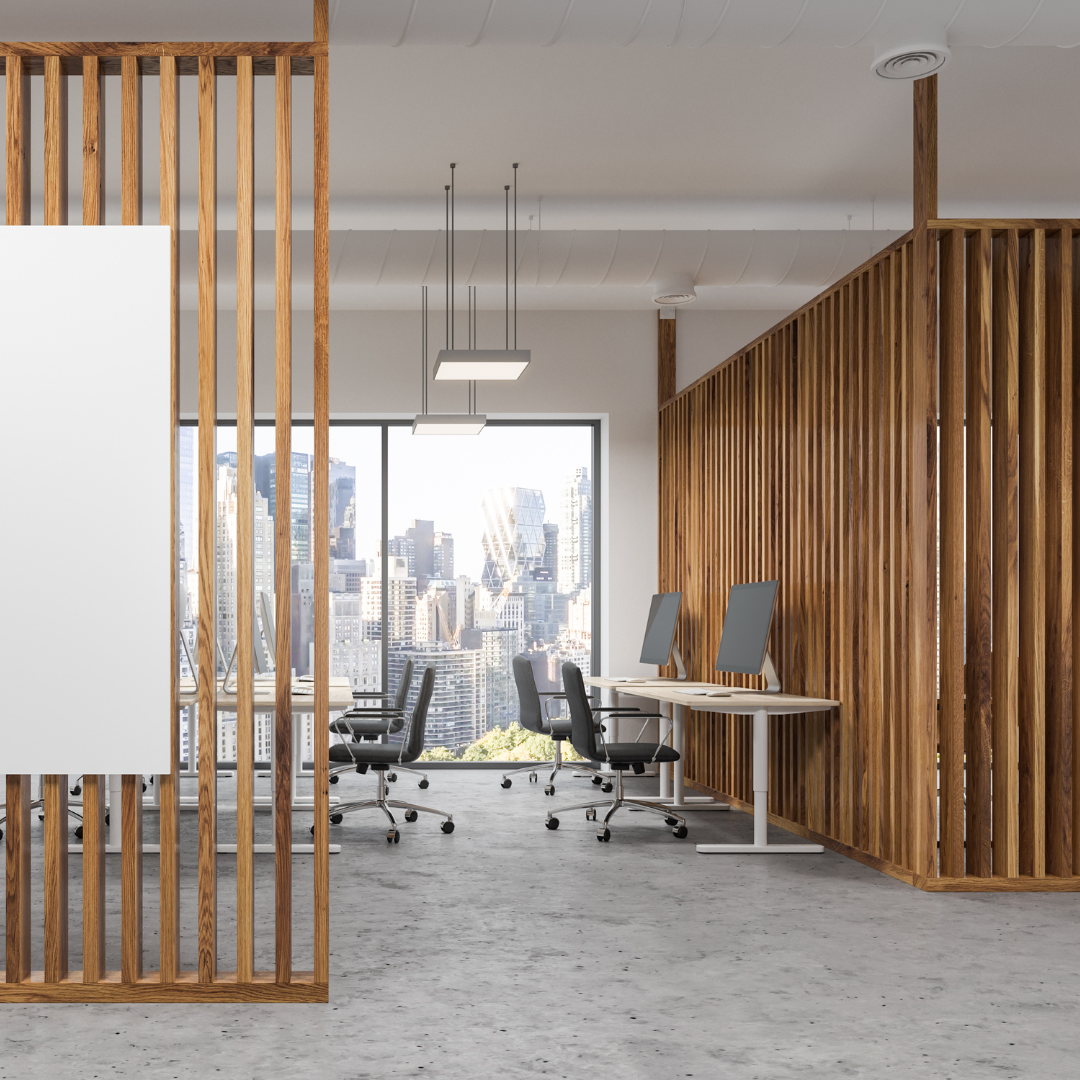 Office with nature-inspired material including wood and natural light