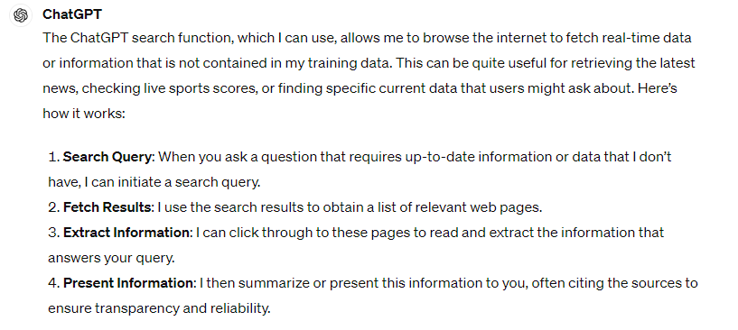 ChatGPT response outlining how the ChatGPT search function works using search queries, fetching results, extracting info, and presenting the information