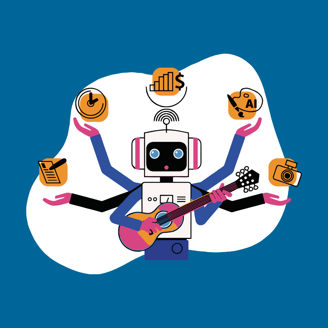 Robot juggling multiple tasks with 6 arms. one pair of arms is strumming the guitar.