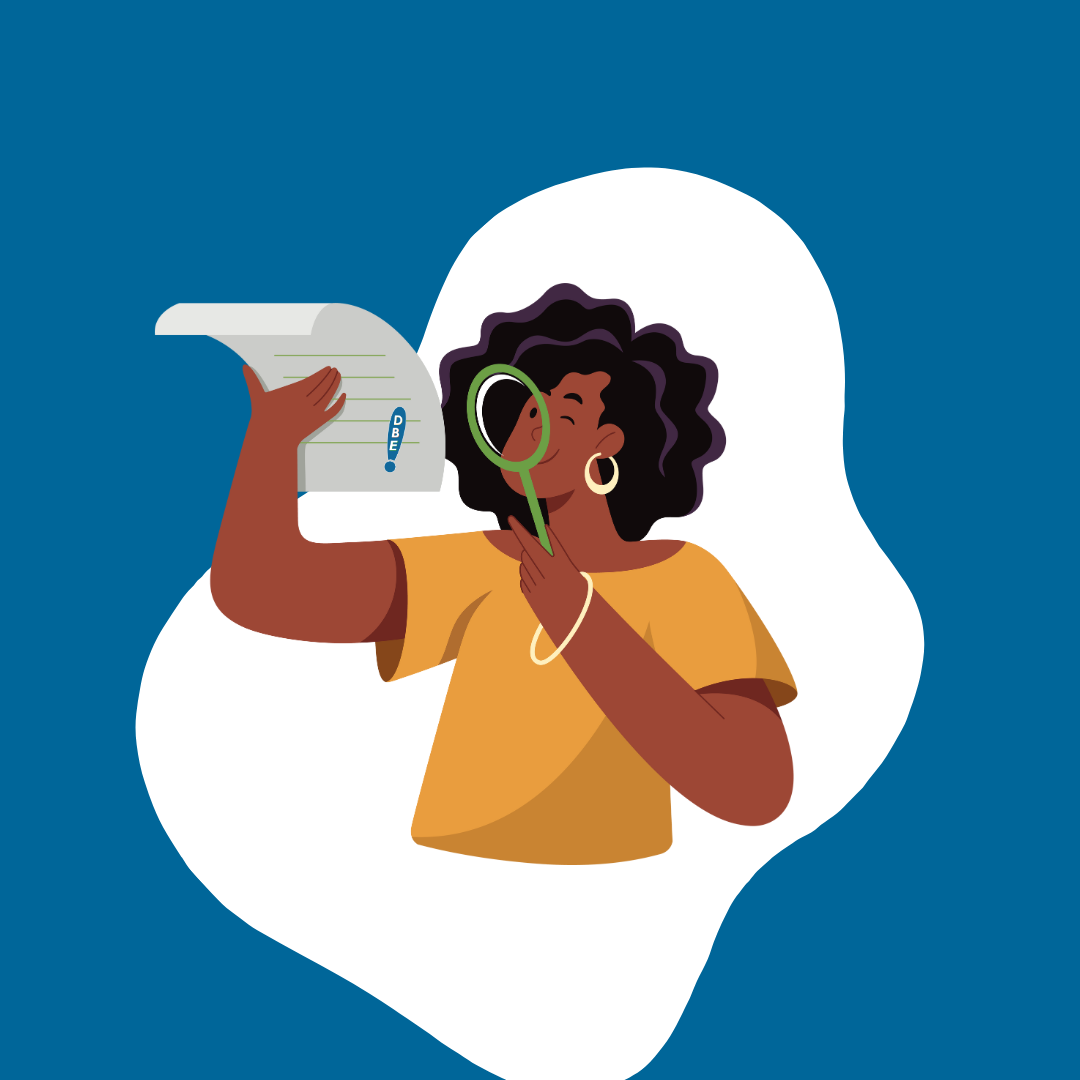A woman with a magnifying glass examining a sheet of paper to figure out what the search intent is