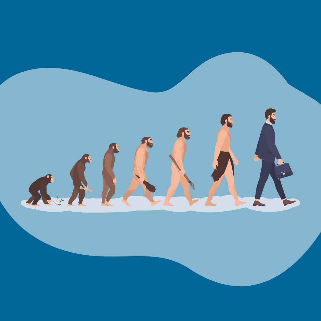 An adaption of March of Progress where ape transitions into man like how search evolution is evolving
