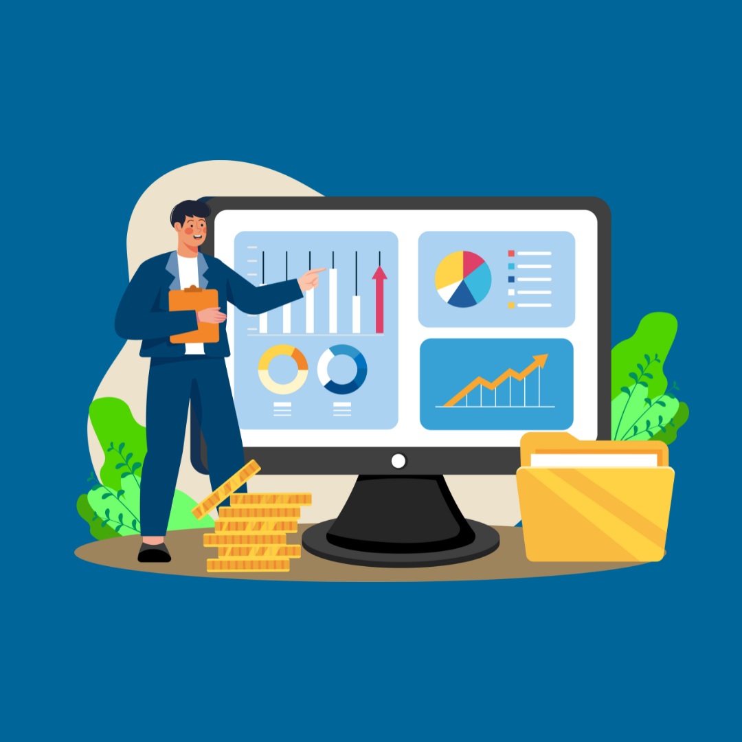 a cartoon man in a blue suit pointing to analytics on a computer screen