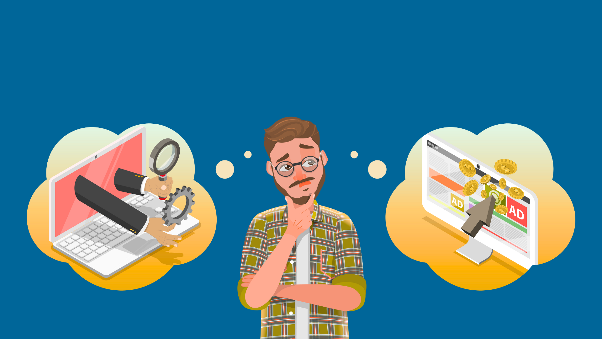 Title: Google’s PPC and SEO Data Double Whammies with a man contemplating between two cloud bubbles with SEO and PPC in them
