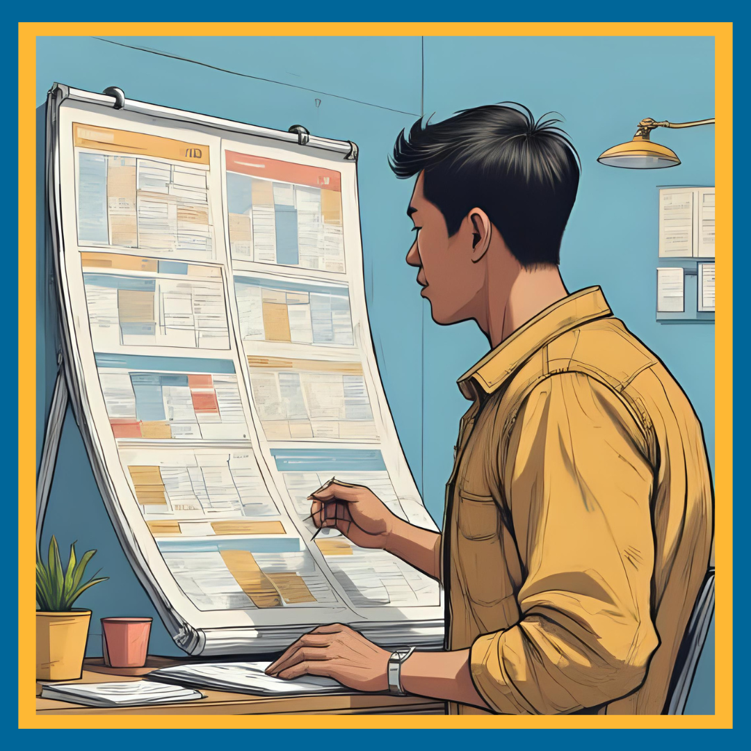 a young man looks at a colorful calendar of AI Search Evolution