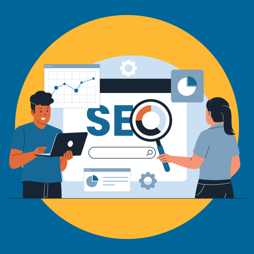 a cartoon of 2 people reviewing a webpage. The women holds a microscope to measure SEO marketing success