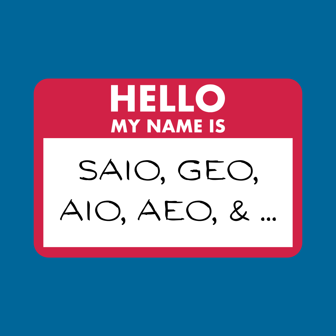 AI Overview (9) a red nametag on a blue background. name reads: SAIO, GEO, AIO, AEO, & ...