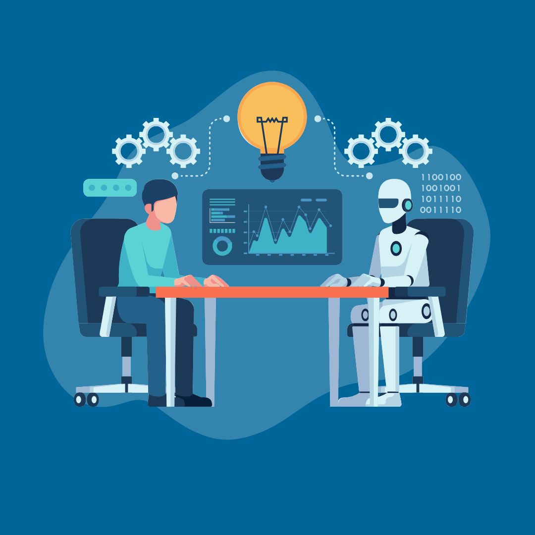 a person and a robot brainstorming together, a lightbulb between them