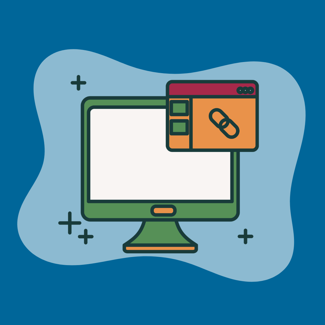 a desktop monitor with a linking symbol on the top right