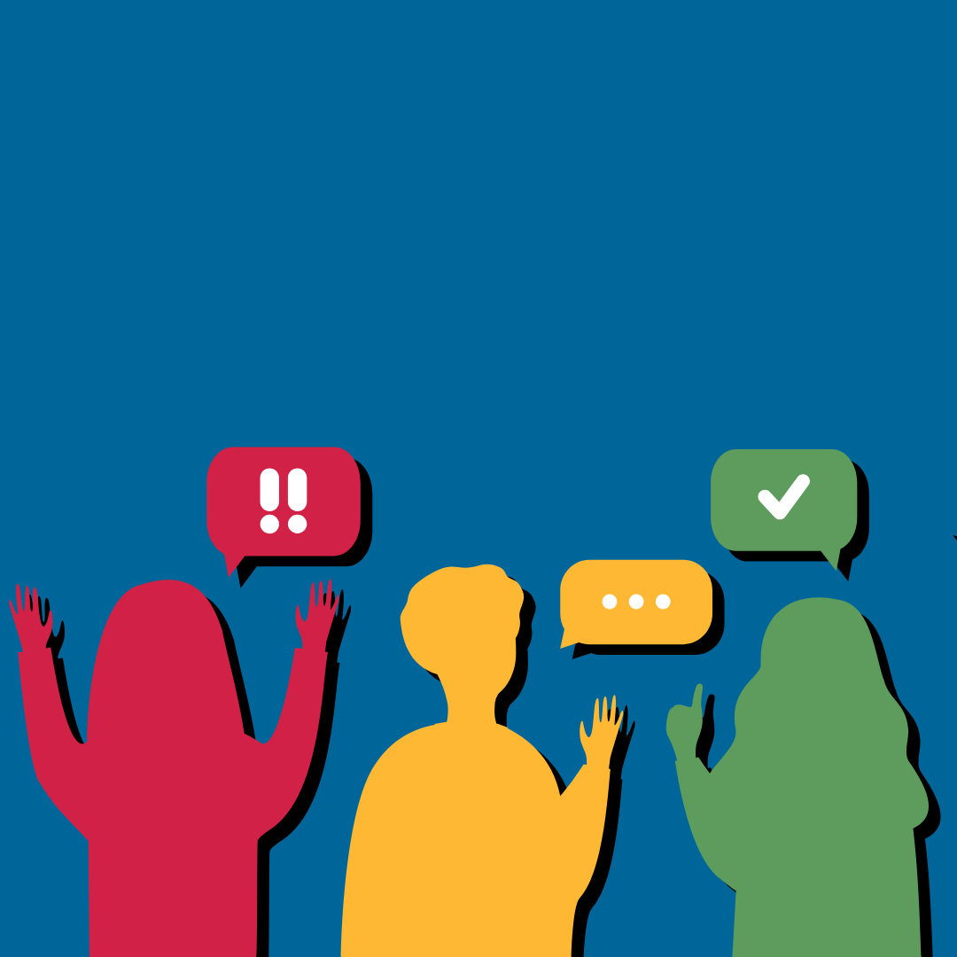 three outlines of people in yellow, green and read asking questions