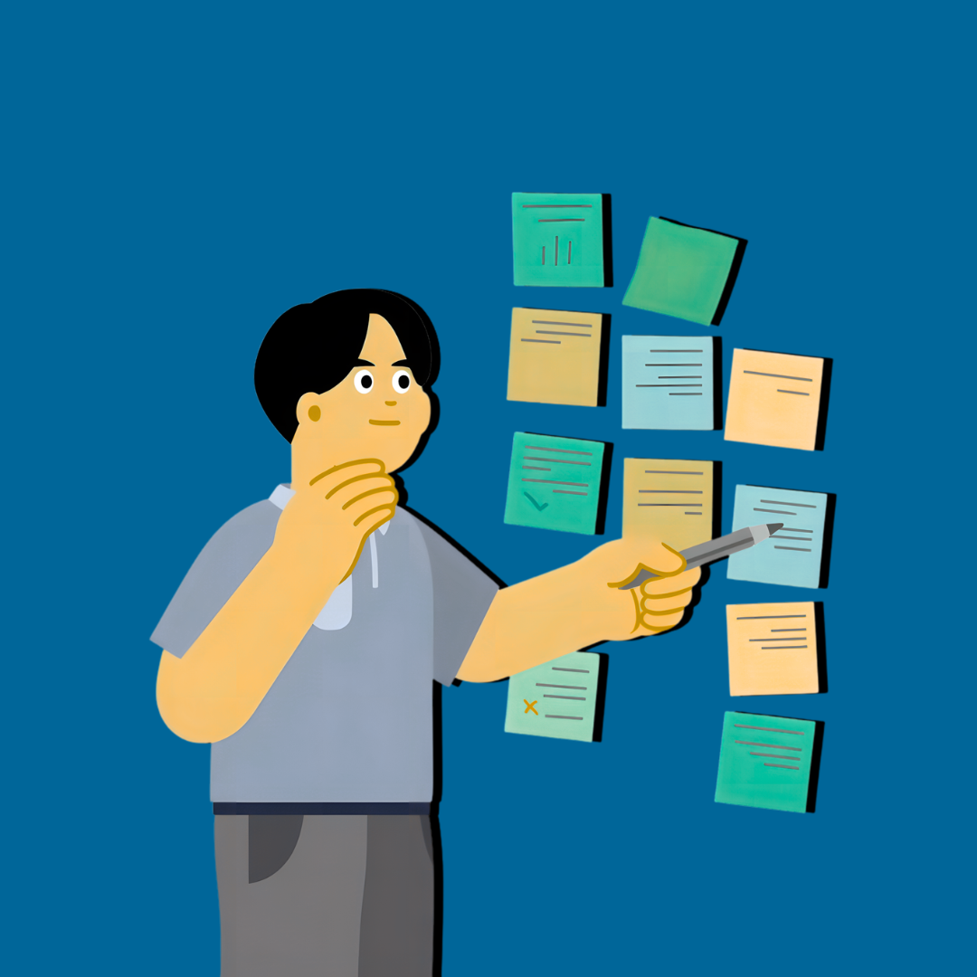 A graphic of a man brainstorming next to a wall of post-it notes