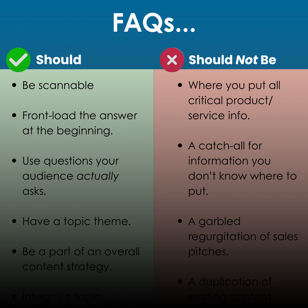 The start of a two-listed comparison infographic on the dos and donts of FAQ optimization