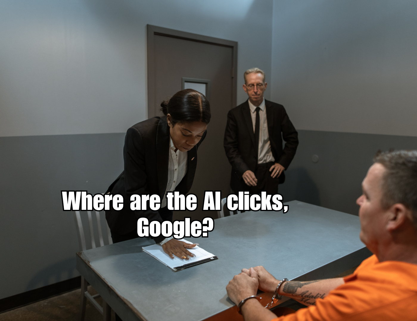 Where dose clicks at Meme 2 cops interrogate a criminal in orange. one cop is asking with a hand pressed to the table: "Where are the AI clicks, Google?"